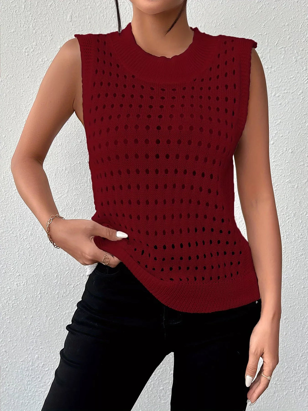 Openwork round neck knit tank detail view