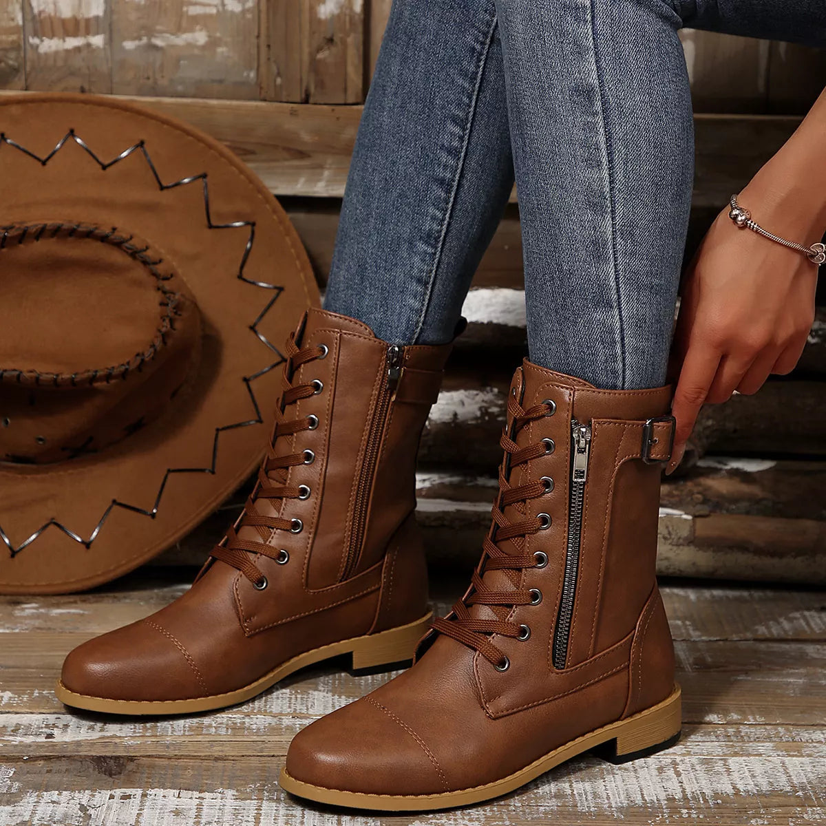 round toe block heel ankle boots angled pair