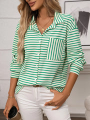 Striped Button Up Long Sleeve Shirt Green - Fashorio