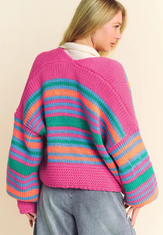 Contrast Striped Open Front Long Sleeve Cardigan - Fashorio