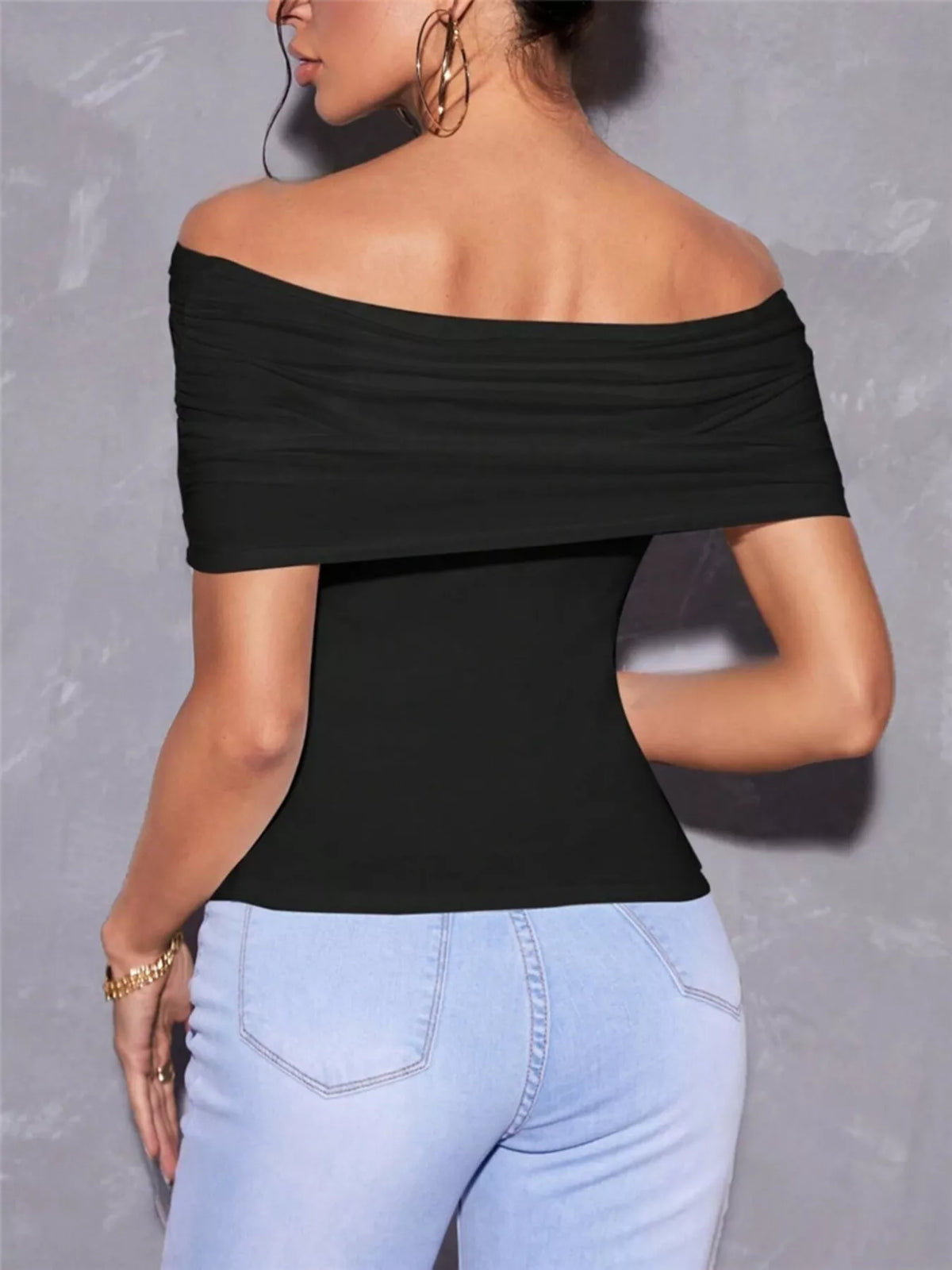 Black off shoulder ruched tee side view