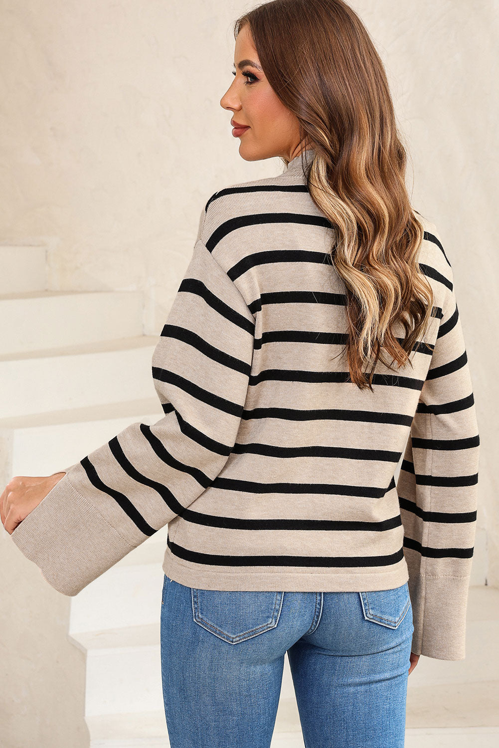 Striped Slit Drop Shoulder Sweater - Fashorio