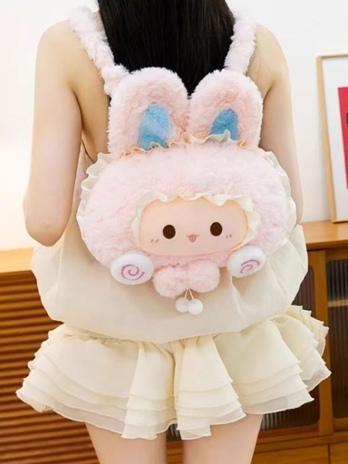 pink plush bunny backpack top handle and zip detail