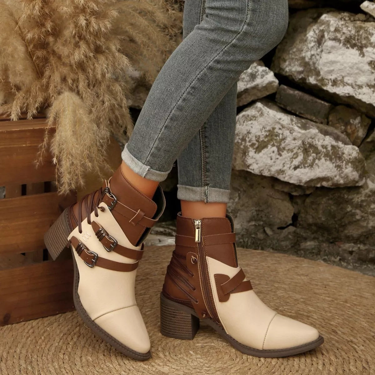 Point Toe Buckle Strap Ankle Boots with Block Heel upper detail