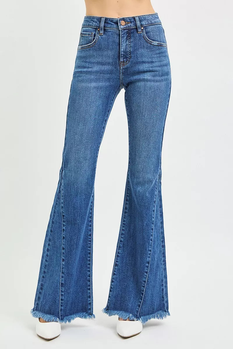 RISEN dark wash mid rise flare jeans front view