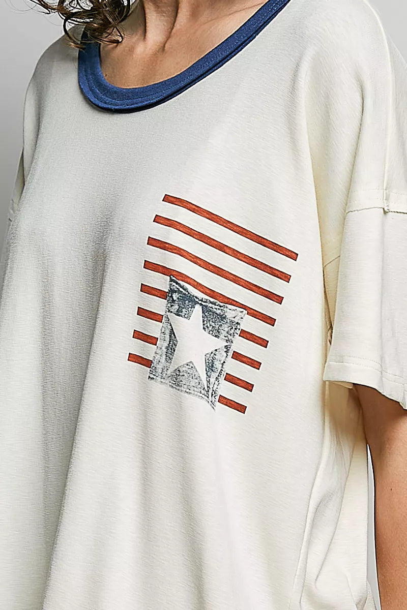 Flag print tee styled with denim shorts