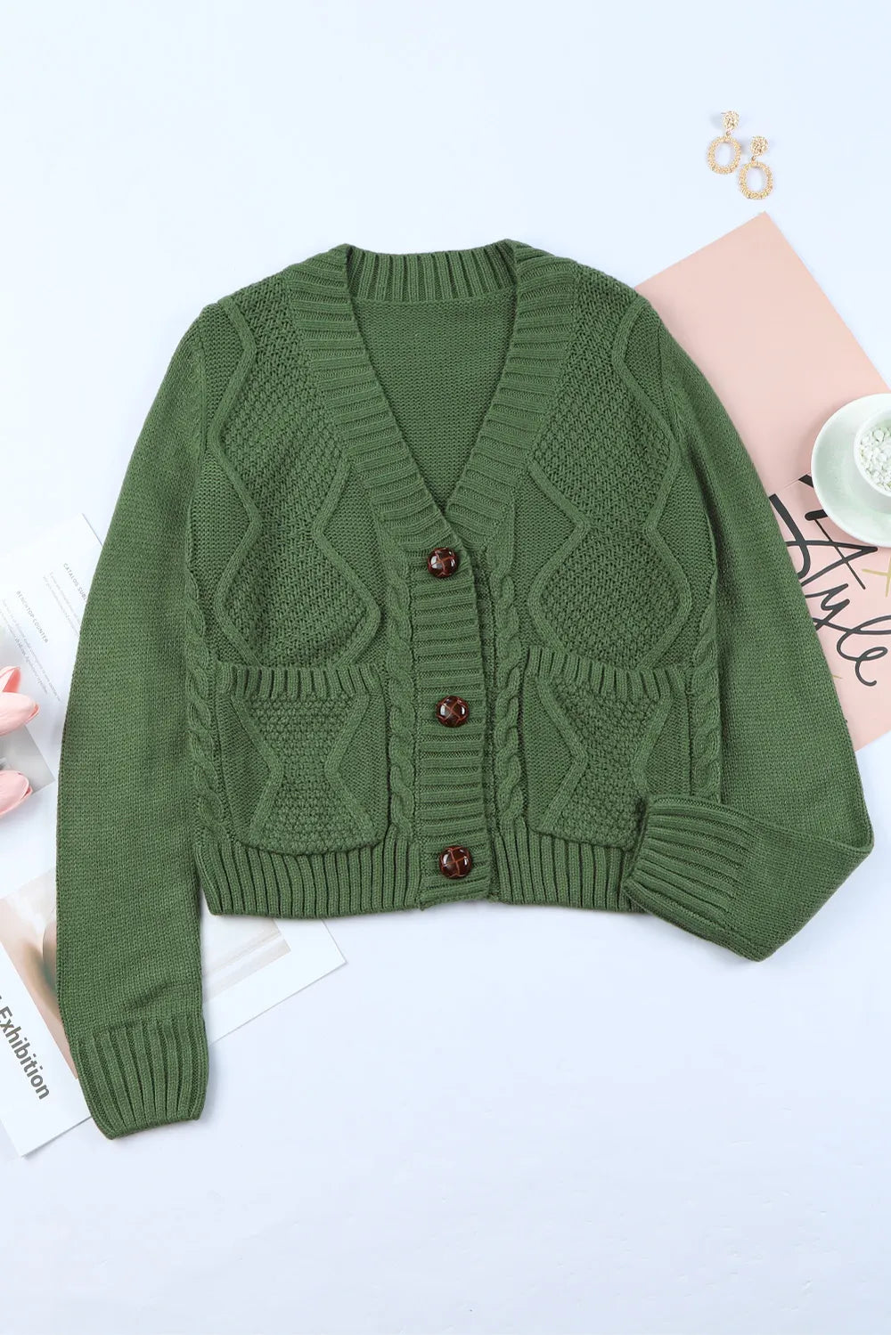 Cable-Knit Button Down V-Neck Cardigan - Fashorio