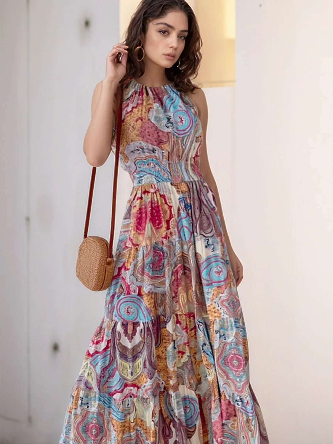 Printed halter neck backless maxi dress, side view