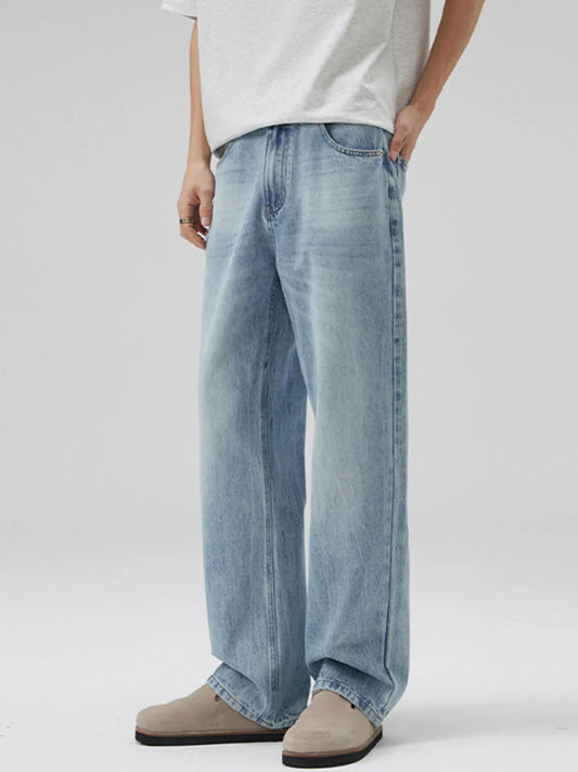 Men's Full Size Relaxed Fit Washed Wide Leg Jeans Plus Size Ice Blue - Fashorio