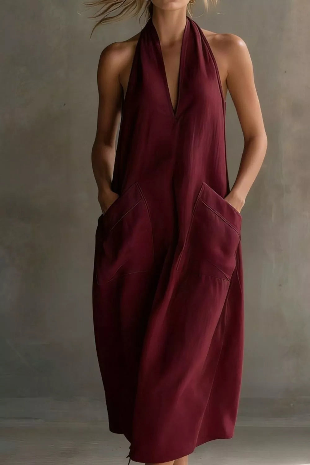 Halter neck pocket midi dress, fabric detail