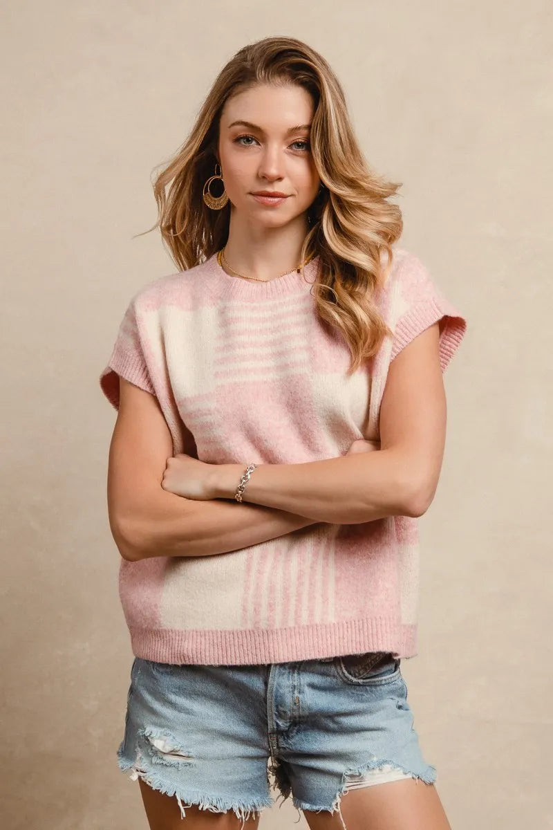 Blush Check and Stripe Sleeveless Sweater back view