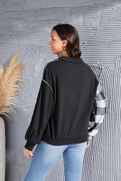 Plaid Exposed Seam Long Sleeve Blouse - Fashorio
