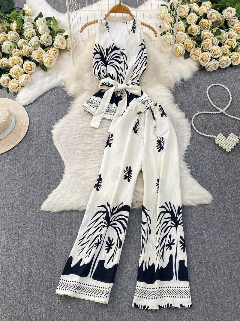 Sleeveless top and belted wide leg pants set front view