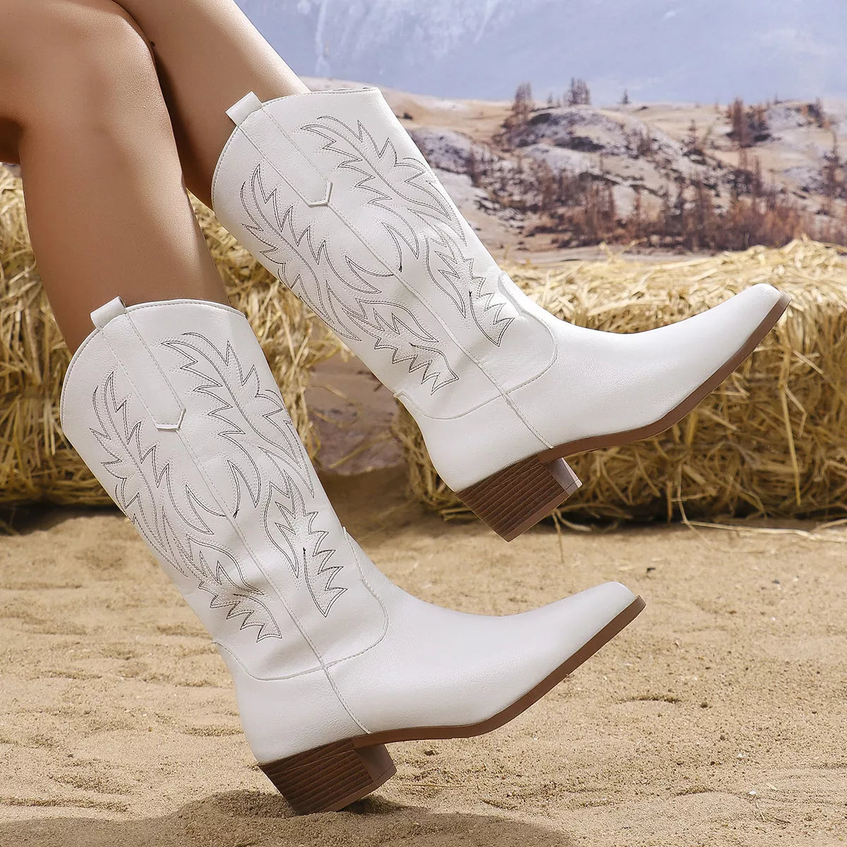 Embroidered Point Toe Block Heel Boots angled view