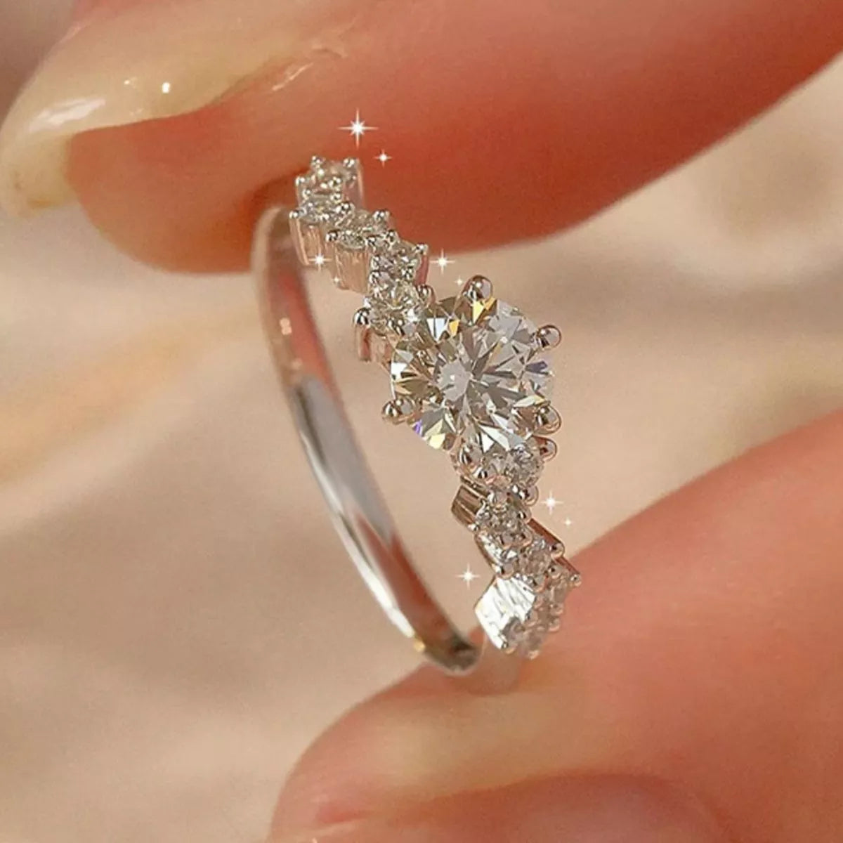 Silver moissanite ring top down view