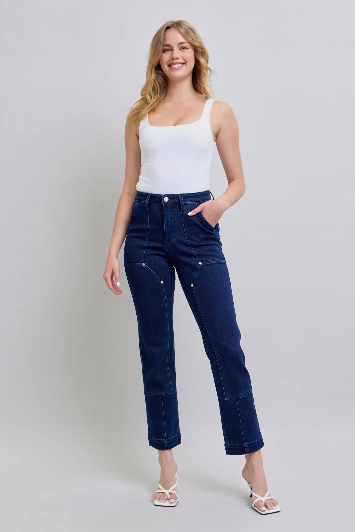 Judy Blue deep indigo straight jeans detail view