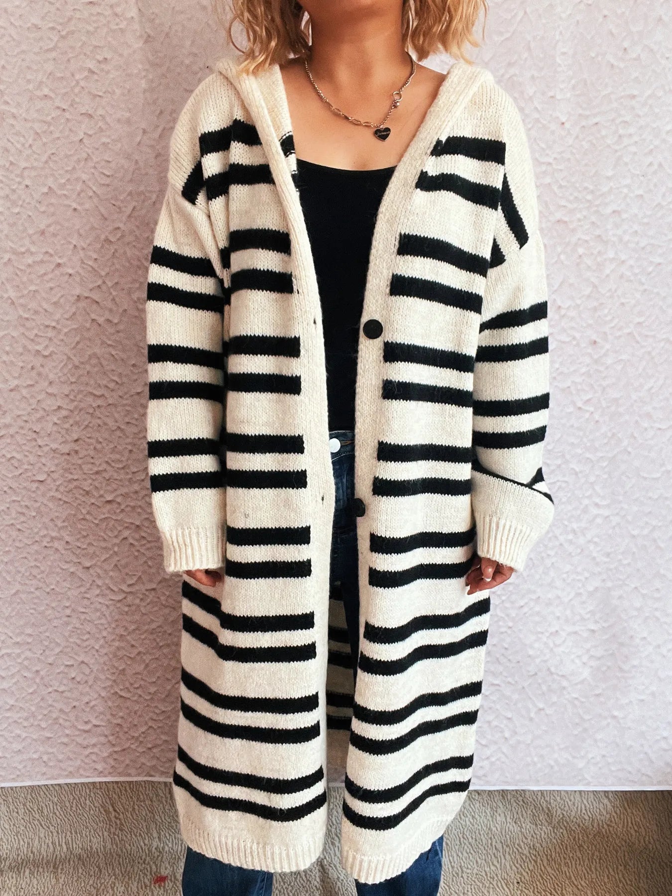 Striped Open Front Hooded Cardigan White One Size - Fashorio