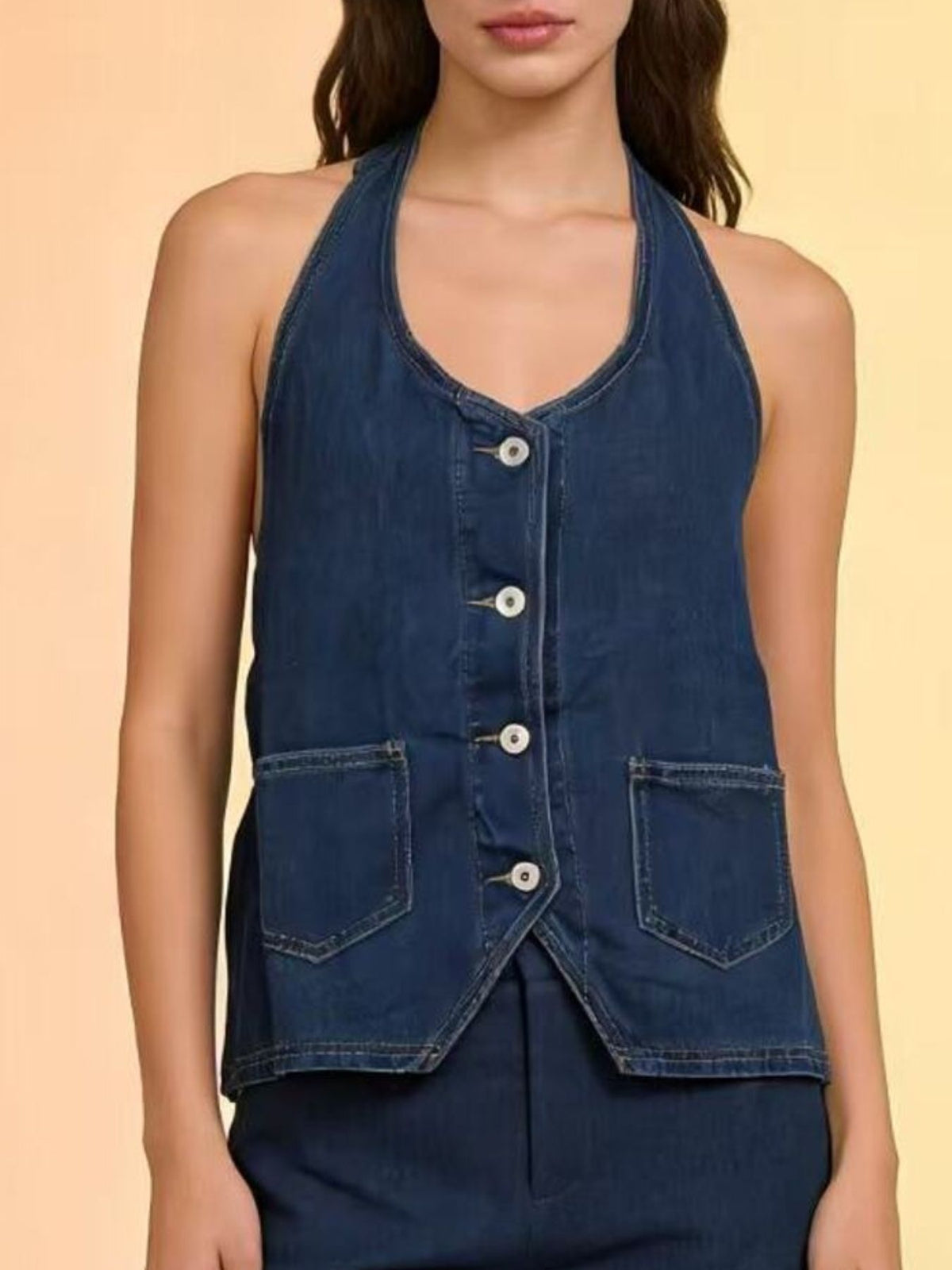 Halter Neck Button Down Denim Vest in Dark Blue back view