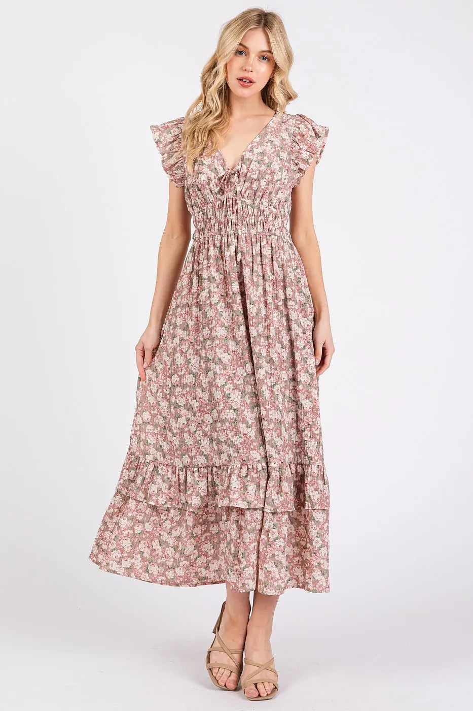 Flower Print Ruffle Cap Sleeve V neck Midi Dress view 7