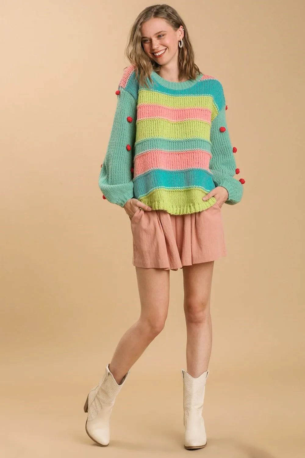Color Block Cable Knit Pom Pom Sweater Plus Size in Emerald side view