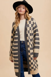 Annie Wear Checkered & Striped Open Front Long Sleeve Cardigan Dark Gray - Fashorio