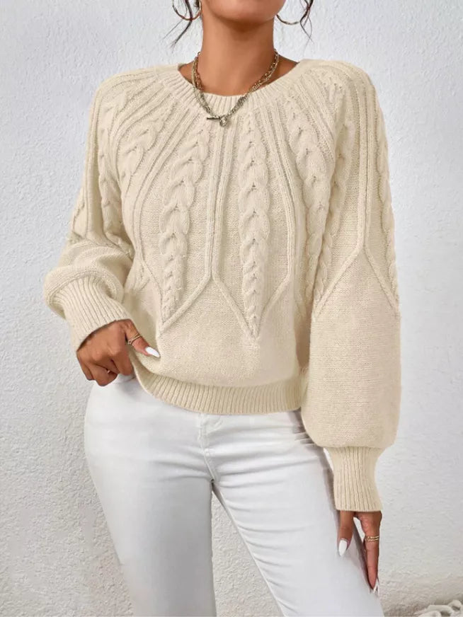 Cable knit ribbed long sleeve sweater front view