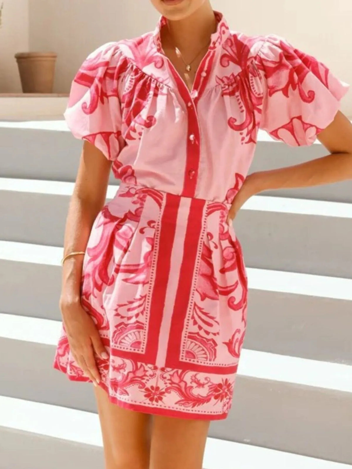 Printed Puff Sleeve Top and Skirt Set, view 19