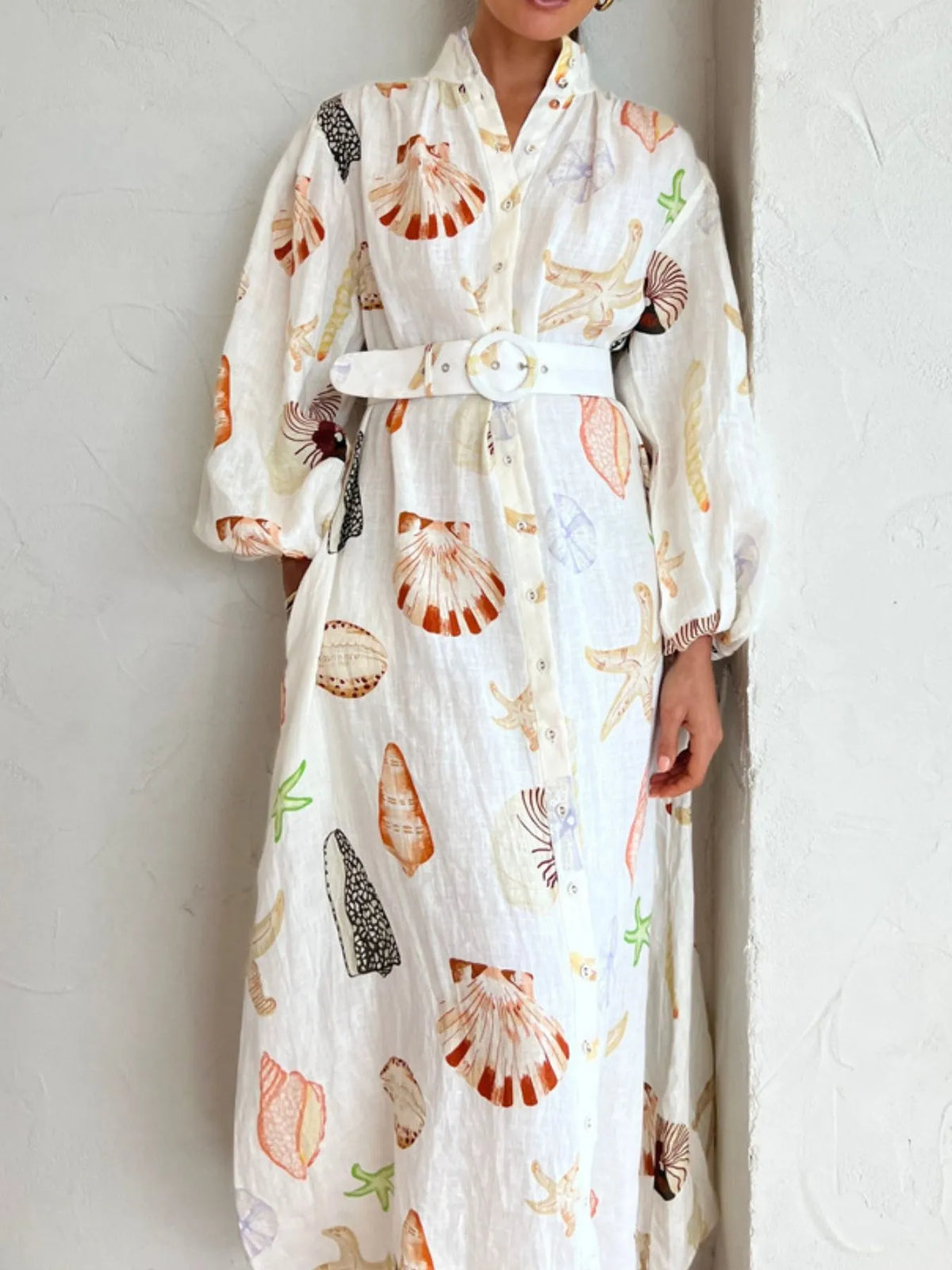 beige printed balloon sleeve maxi shirt dress full length view