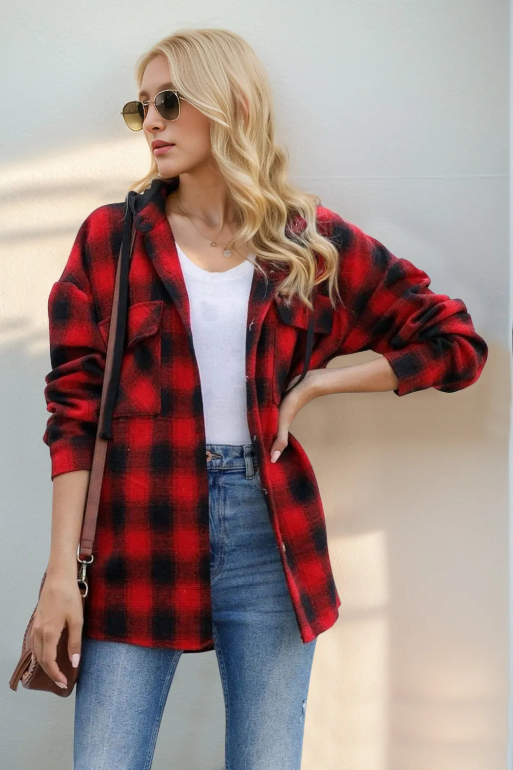 Drawstring Plaid Hooded Shacket, view 6