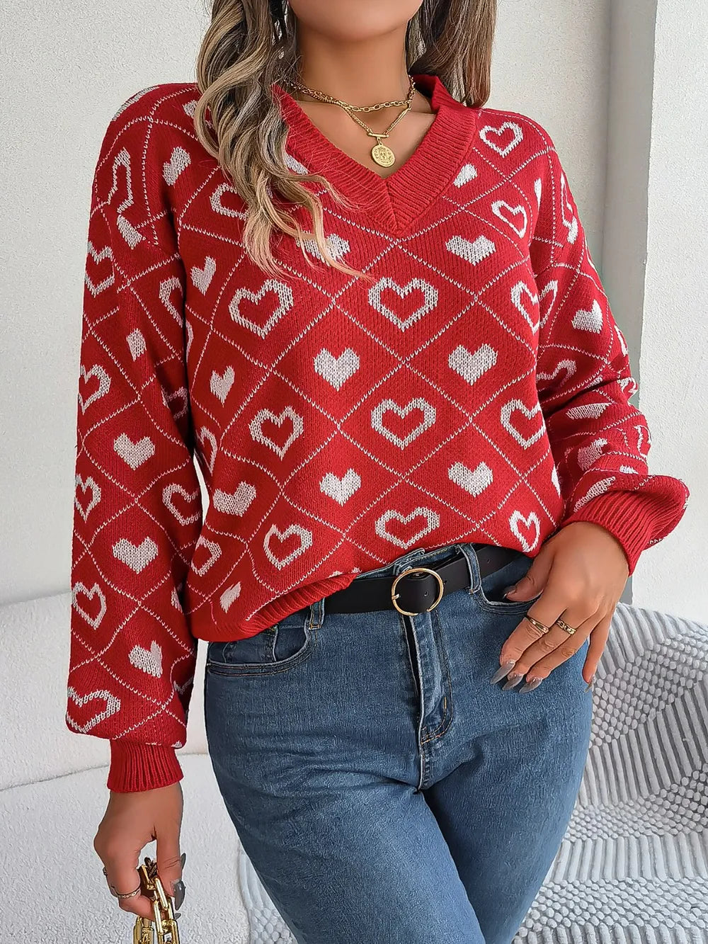 Heart Pattern V-Neck Long Sleeve Sweater - Fashorio