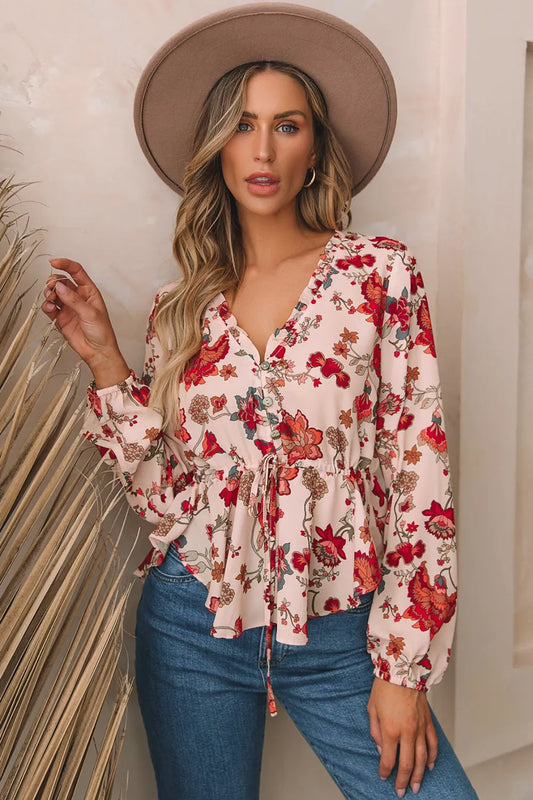 Floral V-Neck Drawstring Peplum Blouse Multicolor - Fashorio
