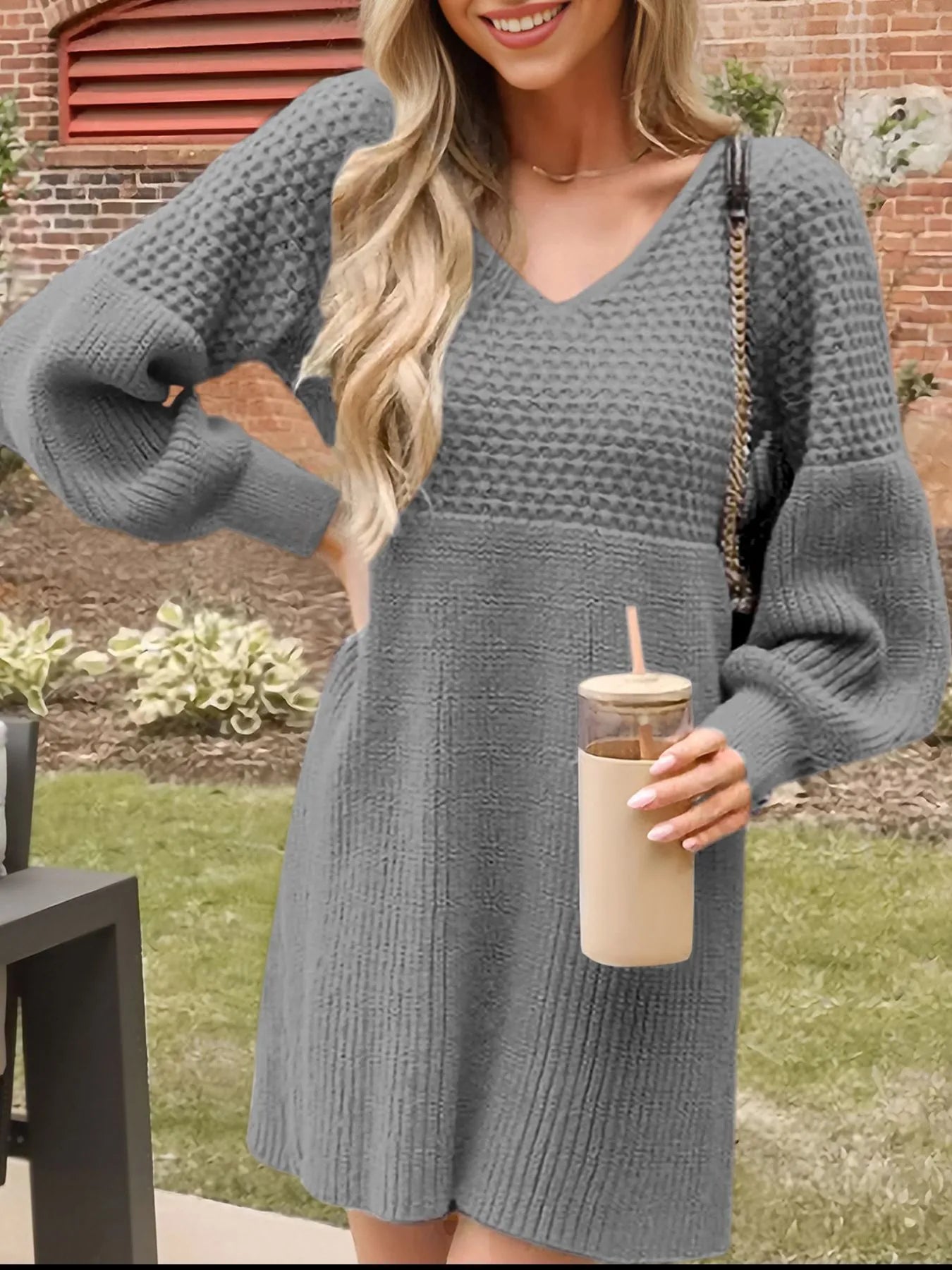 Texture V-Neck Lantern Sleeve Sweater Dress - Fashorio