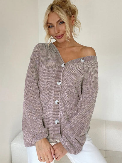 Pocketed V-Neck Button Up Cardigan Pink Purple One Size - Fashorio