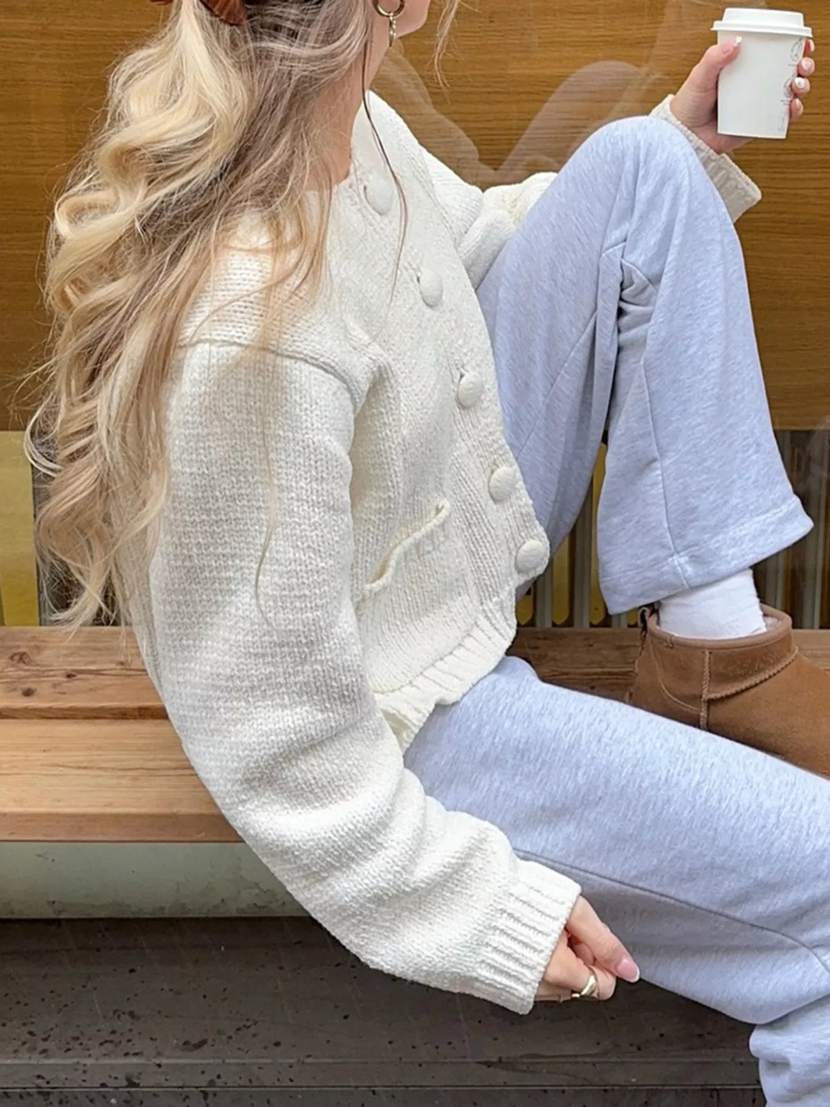 Ivory textured knit button down cardigan side view