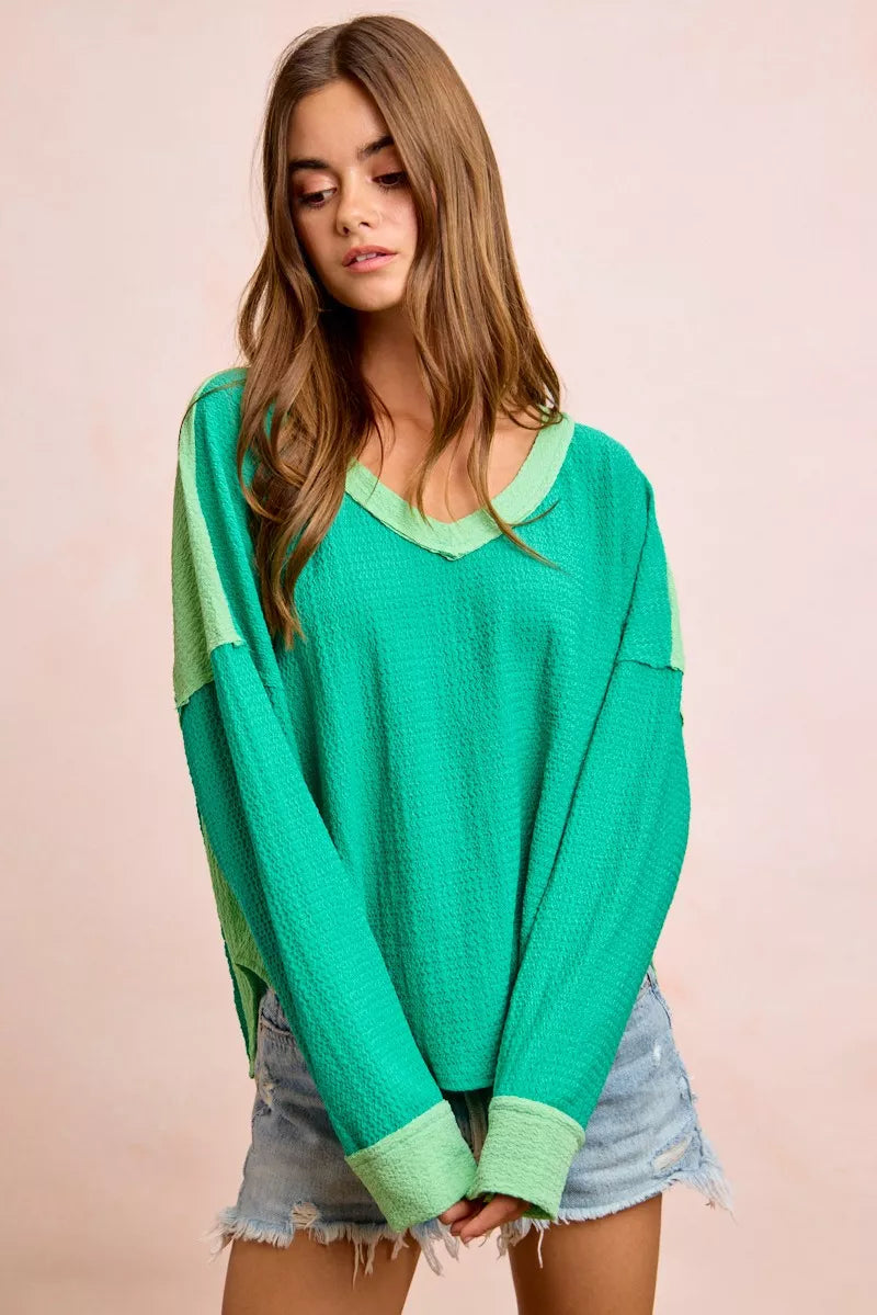 BiBi emerald and light green color block textured top detail of the fabric