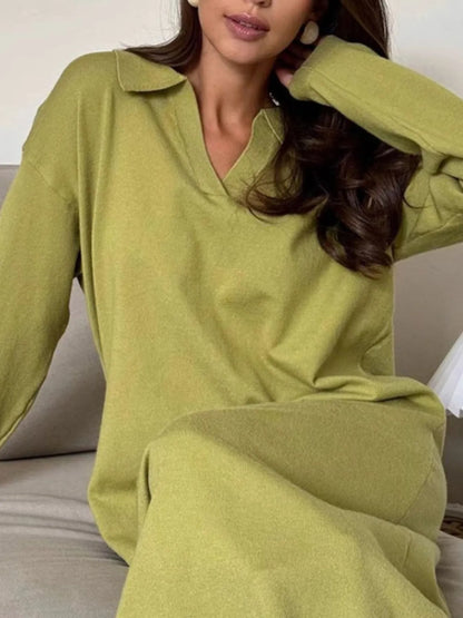 Long Sleeve Collared Neck Knit Dress Green - Fashorio