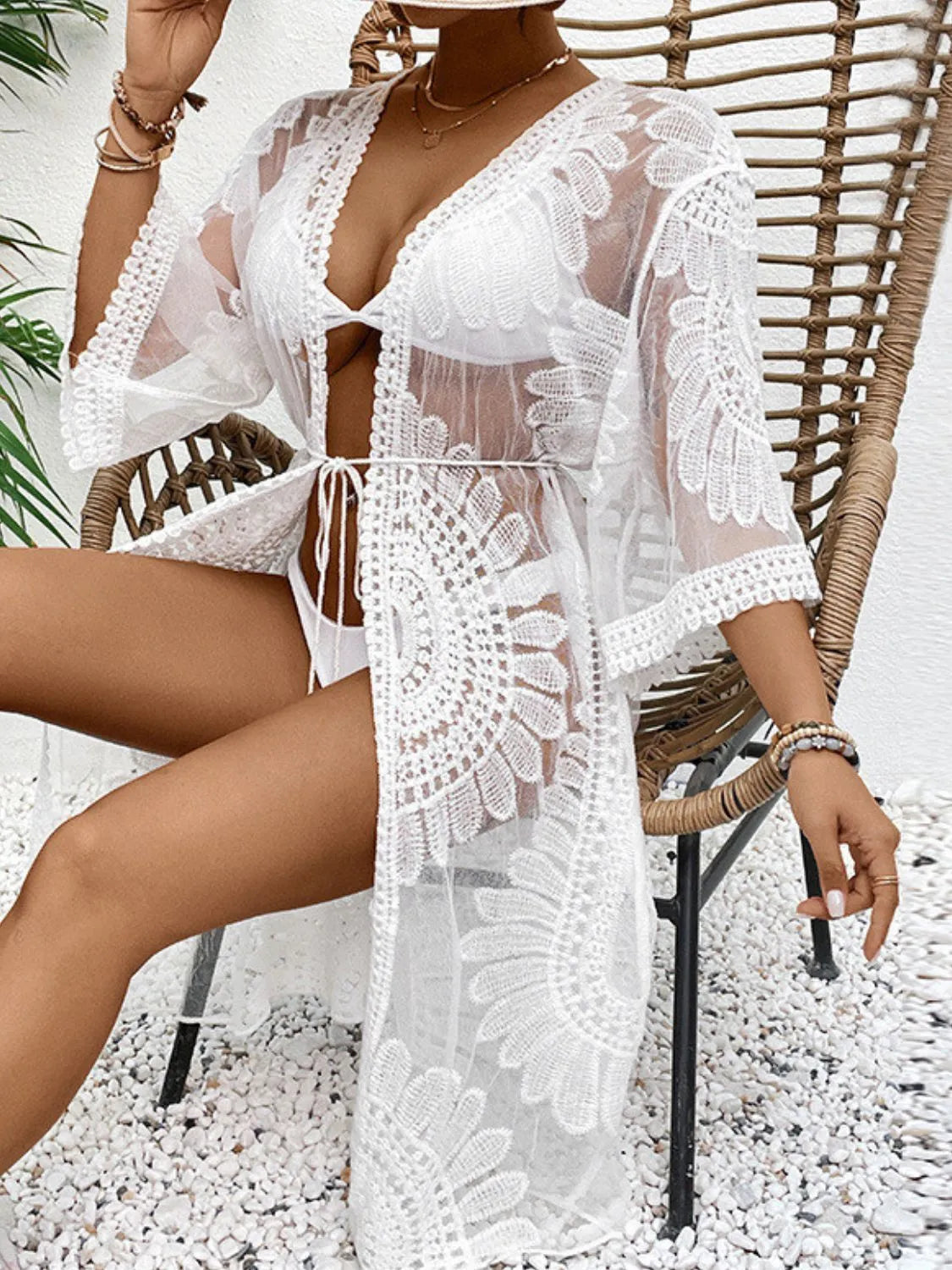 Lace Open Front Longline Cover-Up - Fashorio
