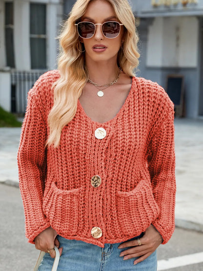 Round Neck Button Up Cardigan with Pockets Orange - Fashorio