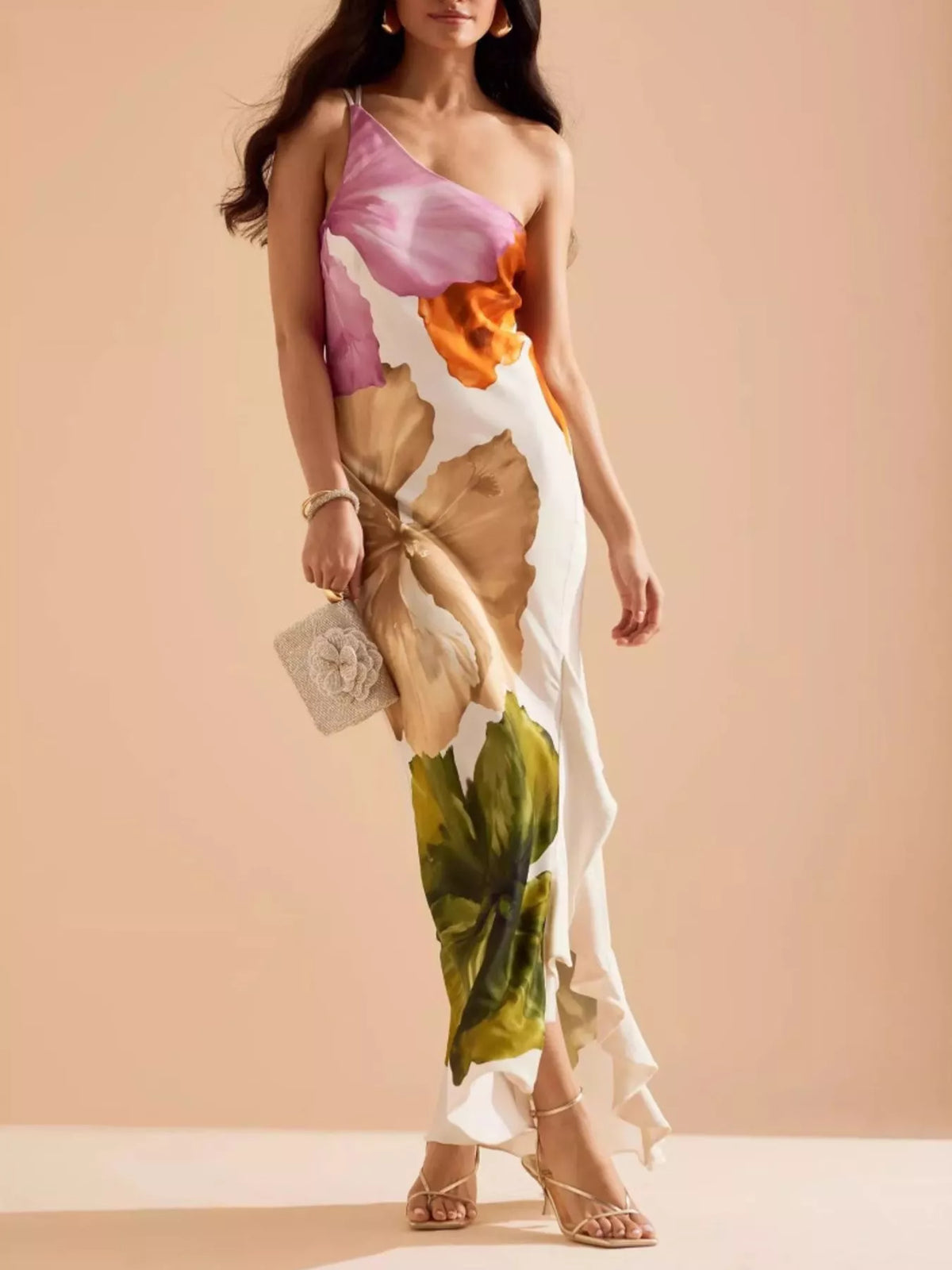 Floral one shoulder ruffle hem maxi dress side view