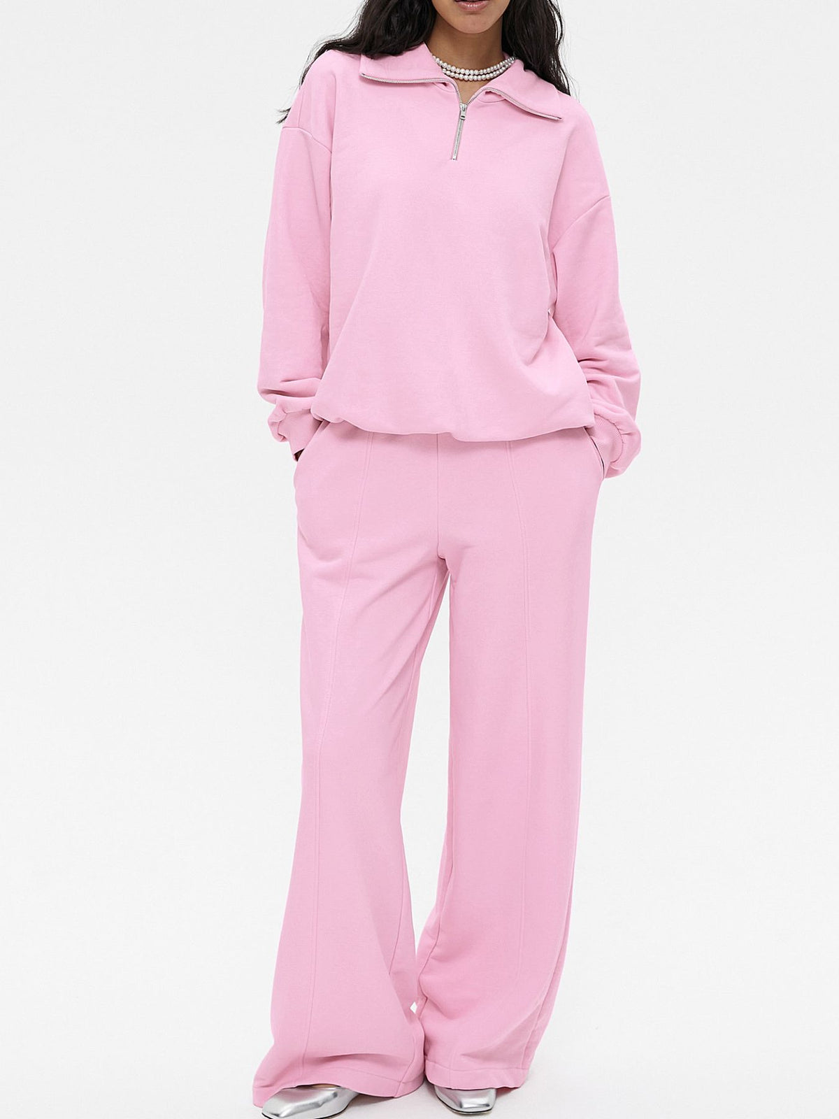 Quarter zip long sleeve top and pants set in blush pink