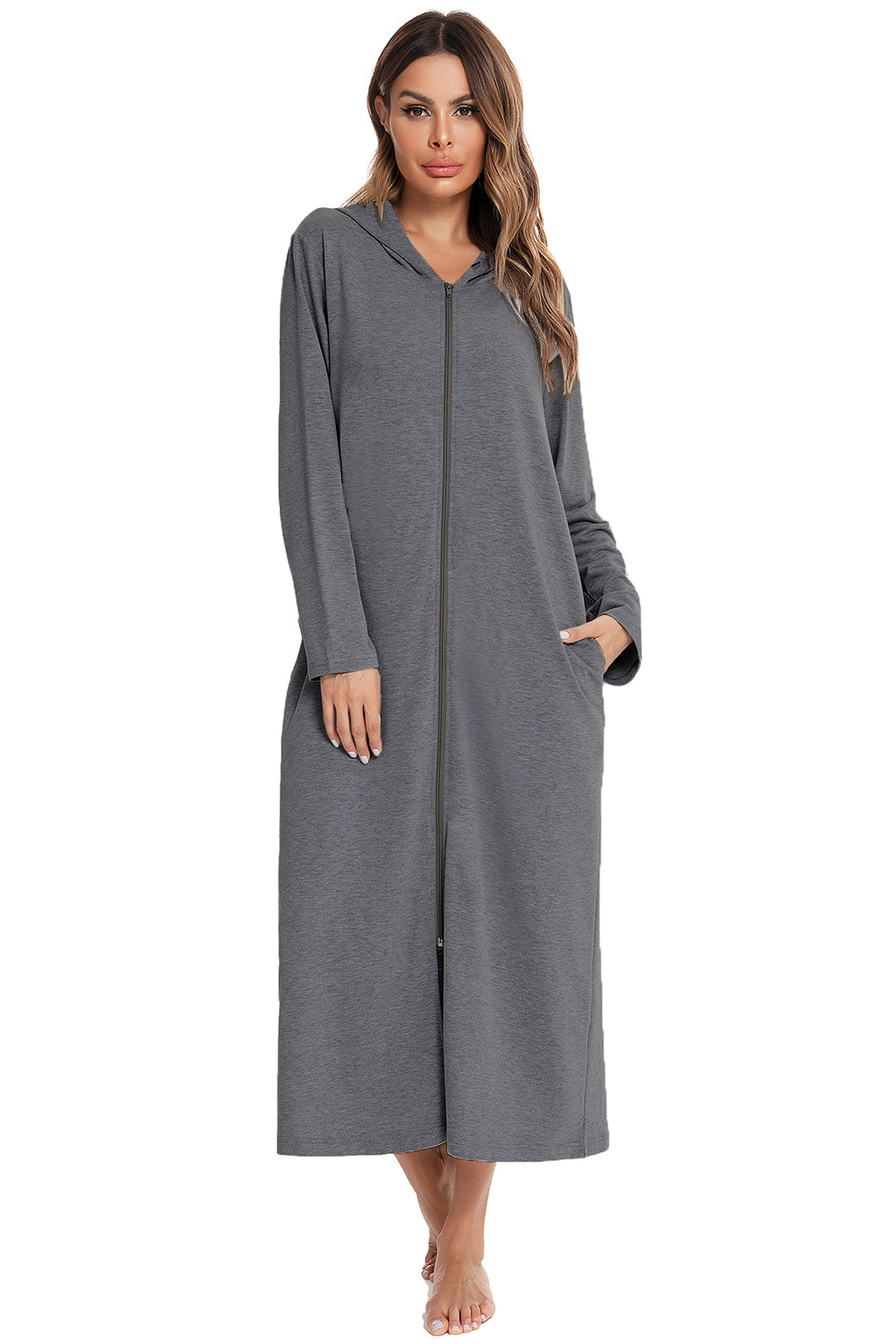 Zip Front Hooded Night Dress with Pockets - Fashorio