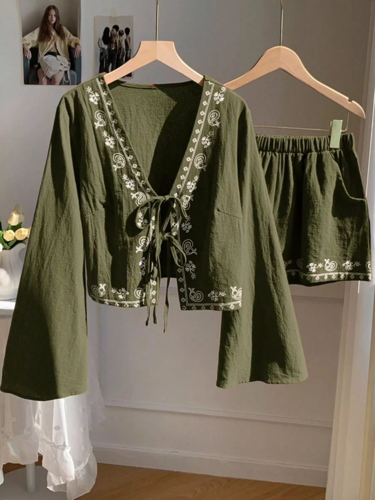 Embroidered tie front top and shorts set side view