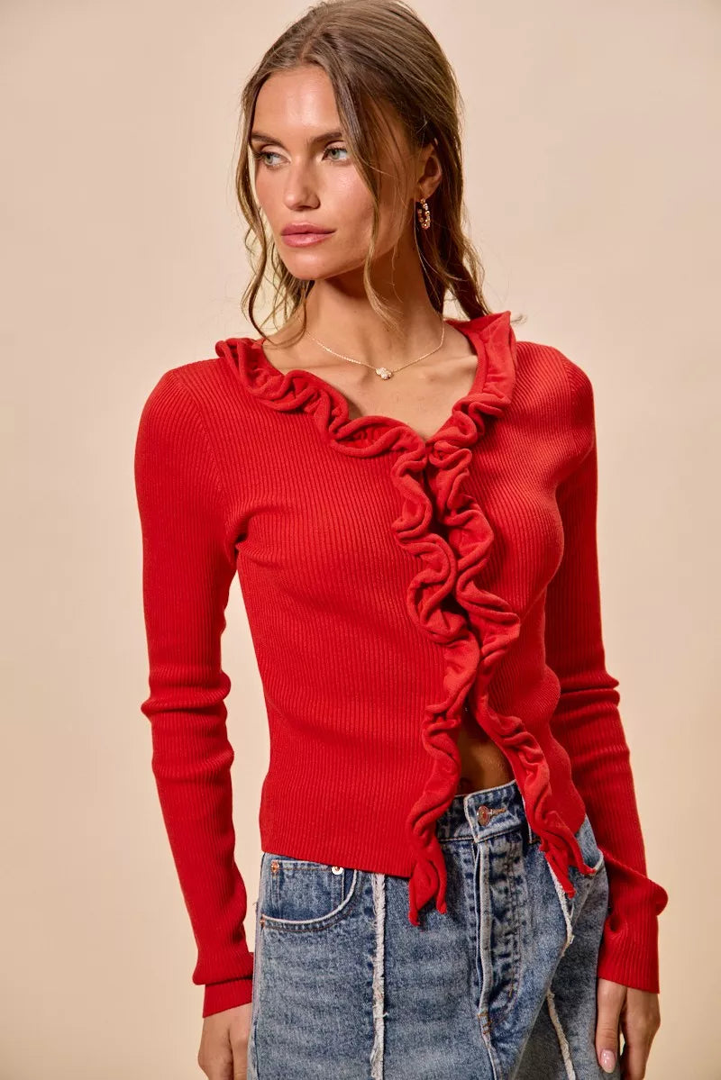 Cascade Ruffle Ribbed Knit Sweater Cardigan, view 6