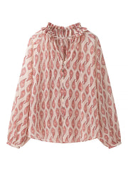 Paisley Print Frill Tie Neck Long Sleeve Blouse Burnt Coral - Fashorio