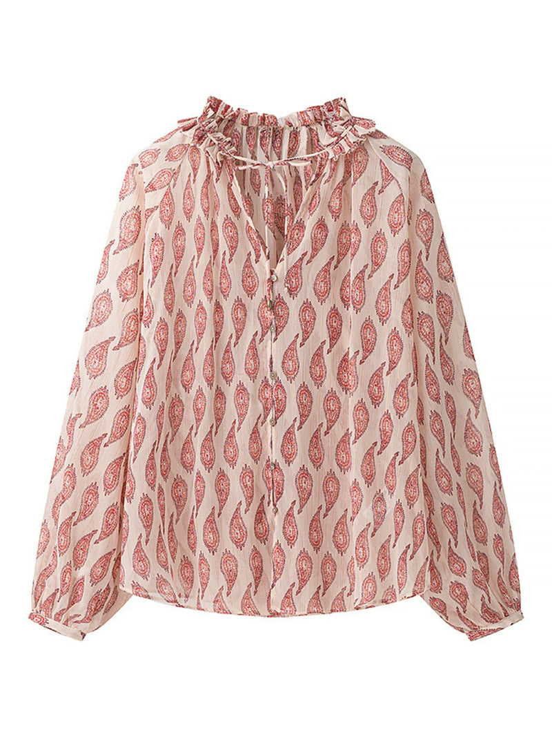 Paisley frill tie neck long sleeve blouse front