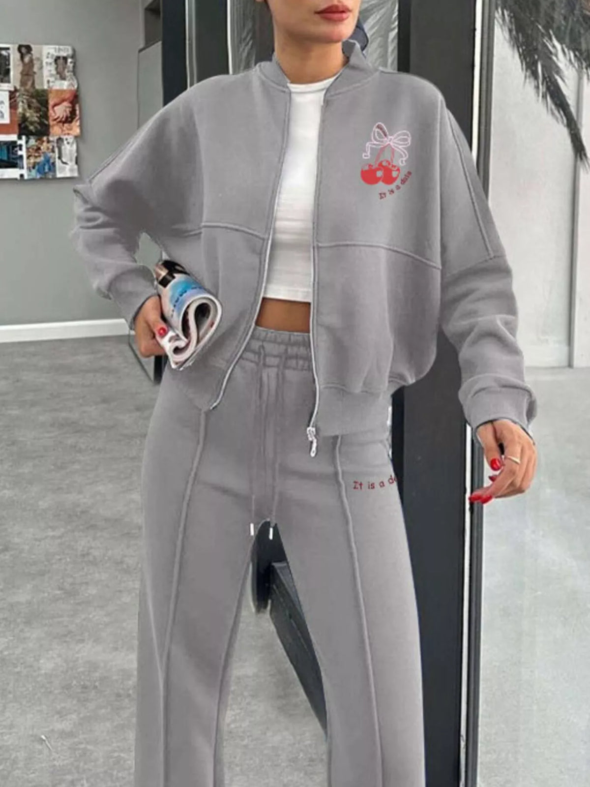 Zip Up Dropped Shoulder Jacket and Pants Set, view 26