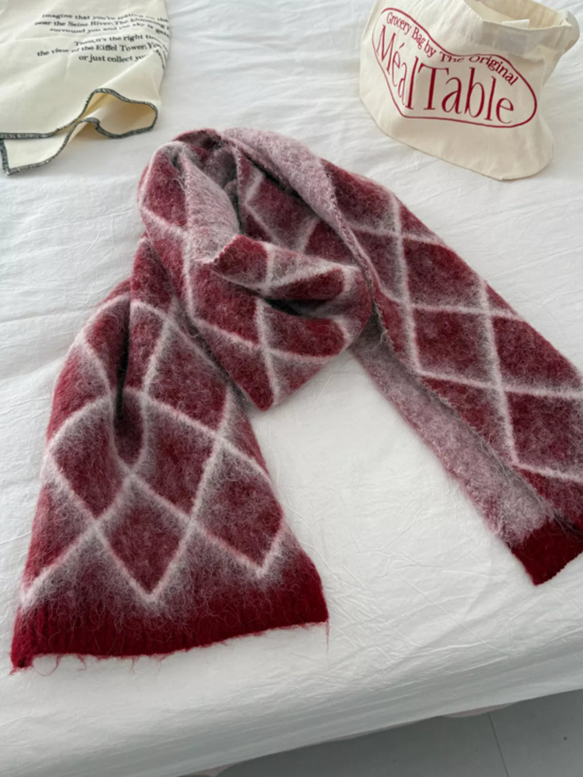 Diamond pattern fuzzy knit scarf color option one