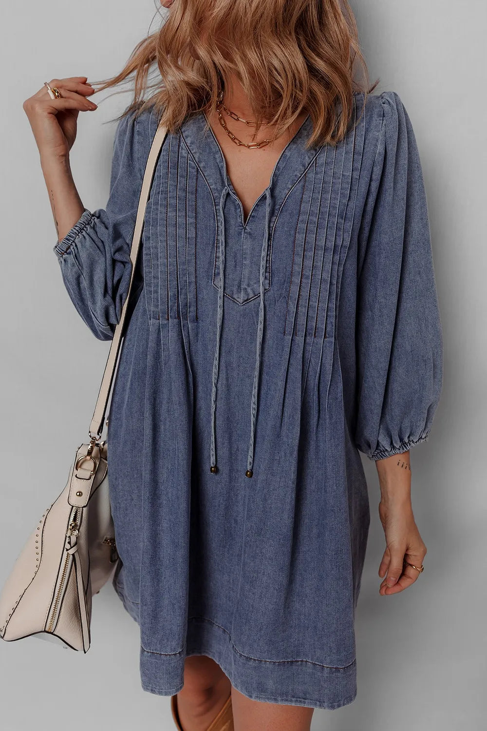 Tie Neck Long Sleeve Mini Denim Dress - Fashorio