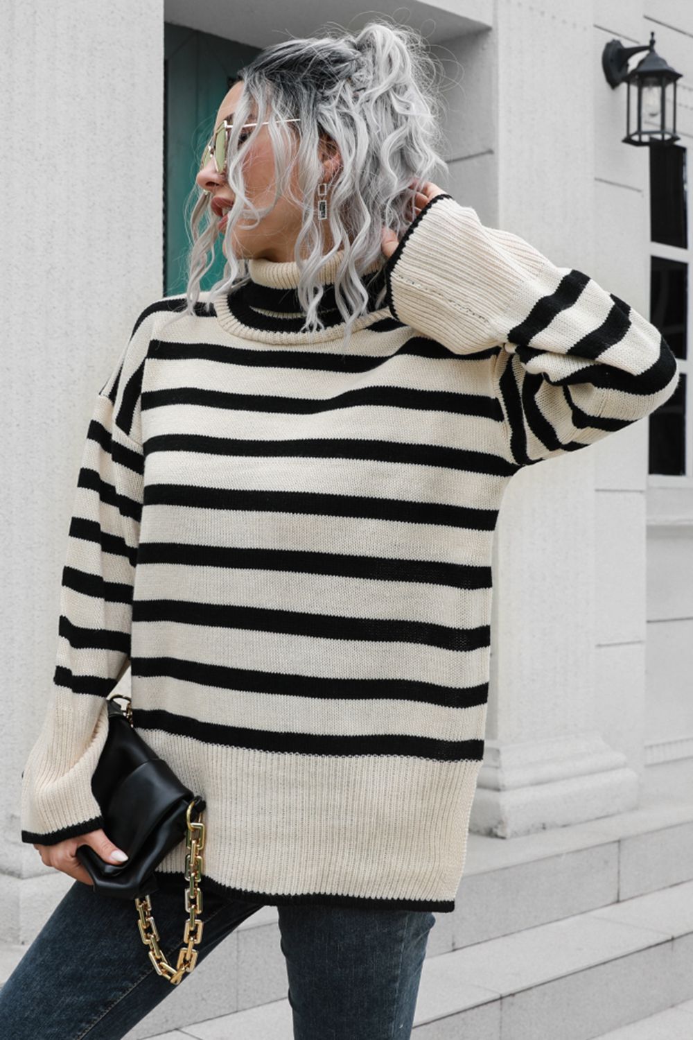 Striped Turtleneck Drop Shoulder Sweater - Fashorio