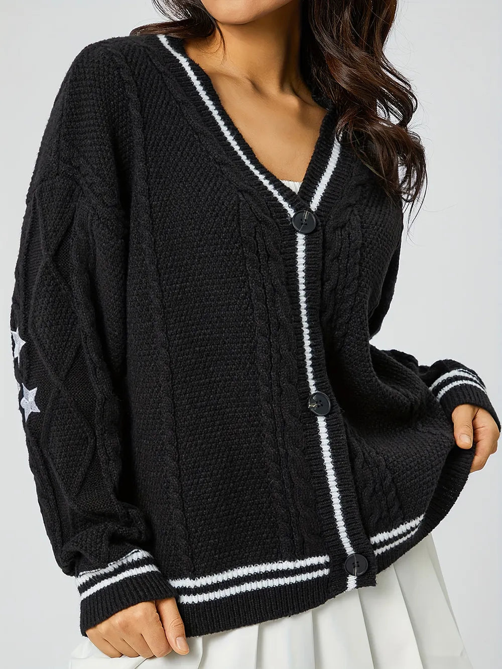 Star Embroidered V-Neck Long Sleeve Cardigan Black One Size - Fashorio